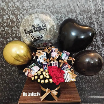 Balloon Gift Box with Luxe Chocolates & Fresh Flowers