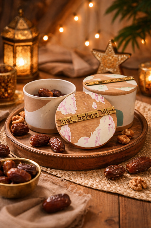 Ramadan Dua Before Dates Ceramic Jar with Wooden Lid